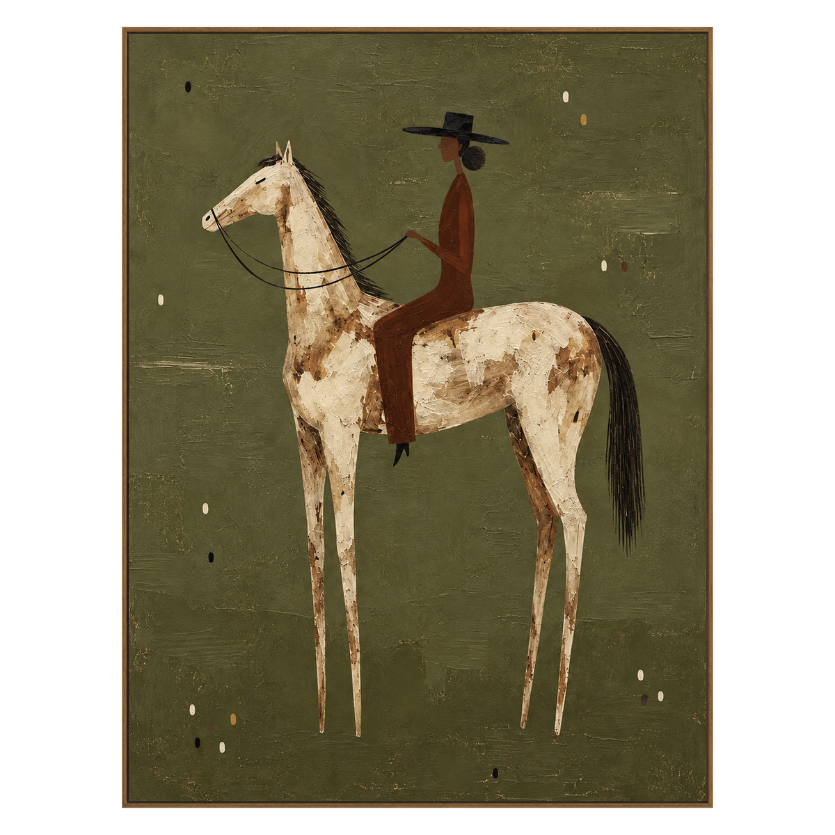 Meadow Rider vertical artwork in a natural wood frame on a transparent background.