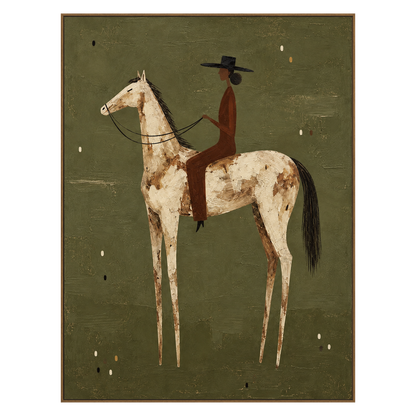 Meadow Rider vertical artwork in a natural wood frame on a transparent background.