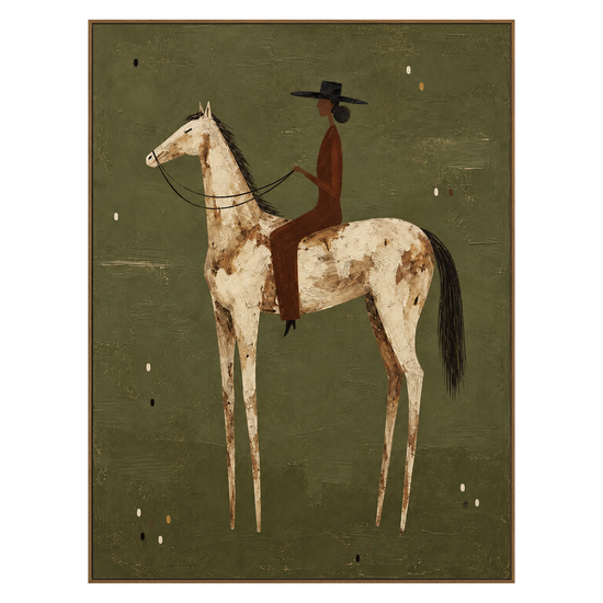 Meadow Rider vertical artwork in a natural wood frame on a transparent background.