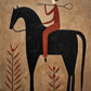A red-clad rider lifts a looping lasso from the back of a tall black horse. Full artwork without a frame.