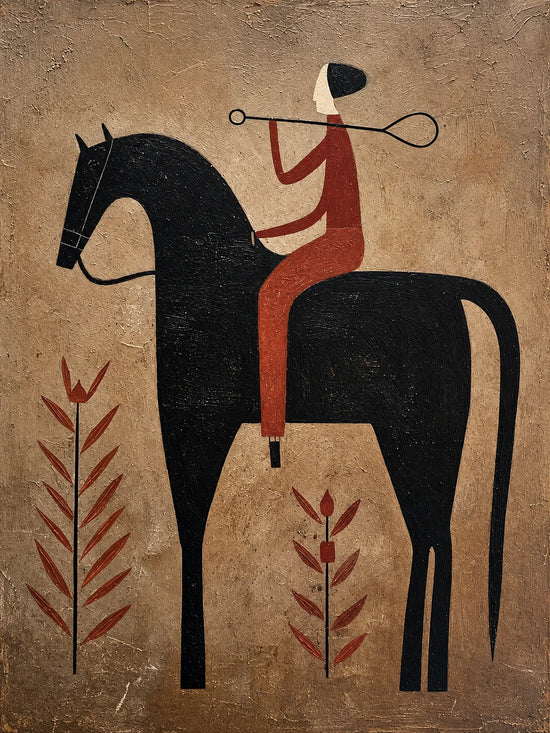 A red-clad rider lifts a looping lasso from the back of a tall black horse. Full artwork without a frame.