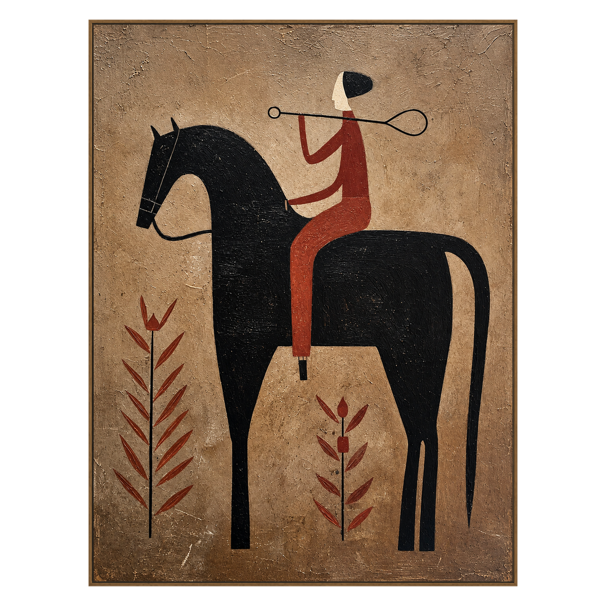 Desert Lasso vertical artwork in a natural wood frame on a transparent background.