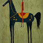 A bright red rider and small black bird perch above a midnight-blue horse on a softly mottled green ground. Full artwork without a frame.