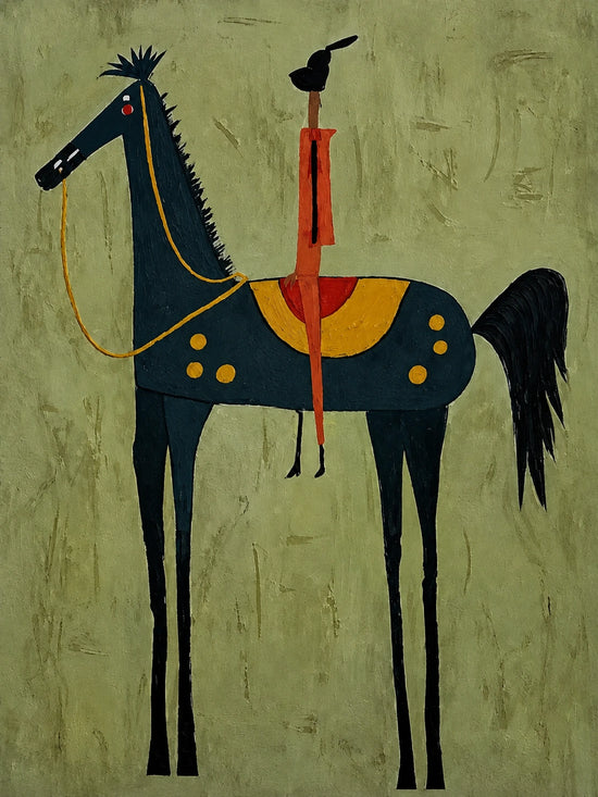 A bright red rider and small black bird perch above a midnight-blue horse on a softly mottled green ground. Full artwork without a frame.