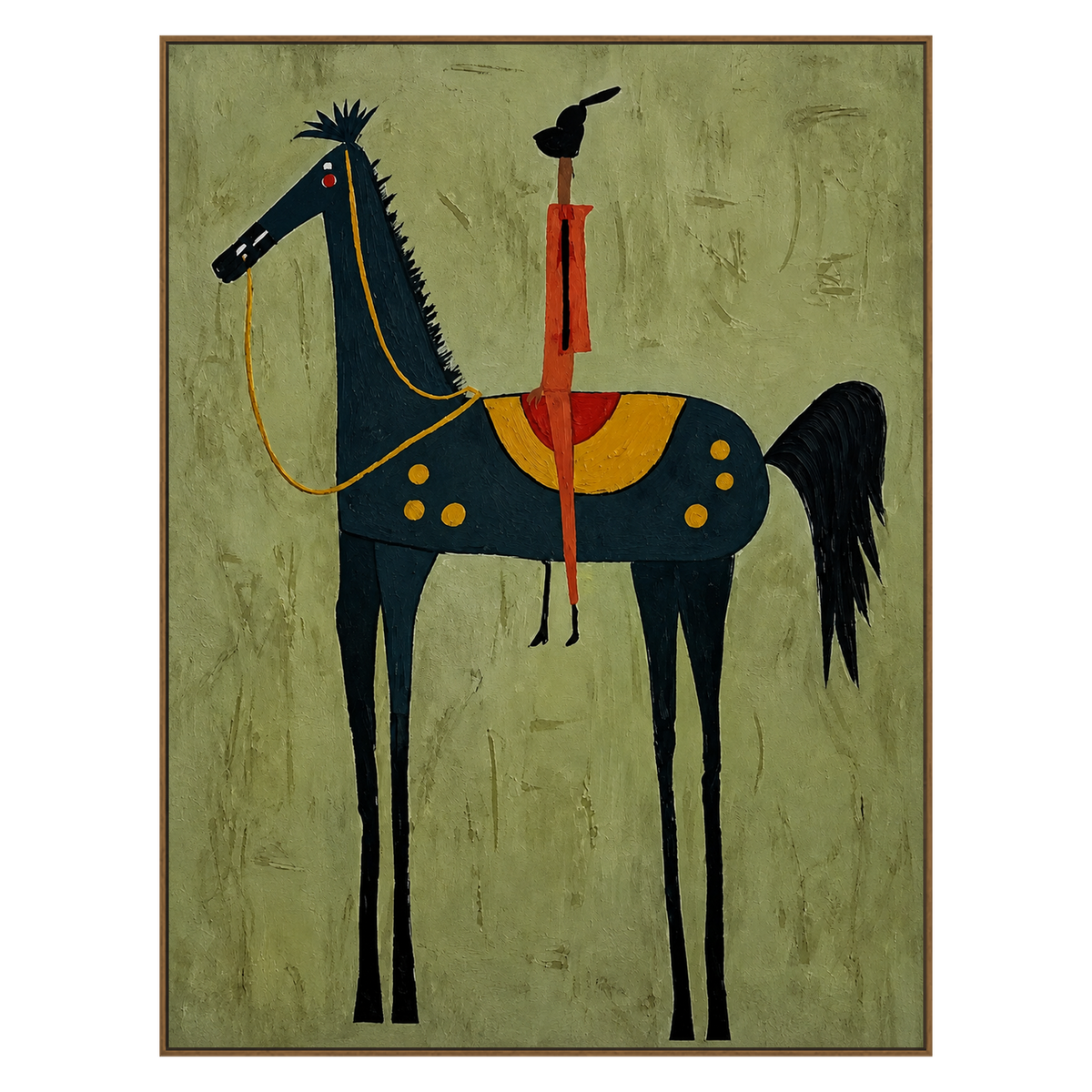 Midnight Horseman vertical artwork in a natural wood frame on a transparent background.