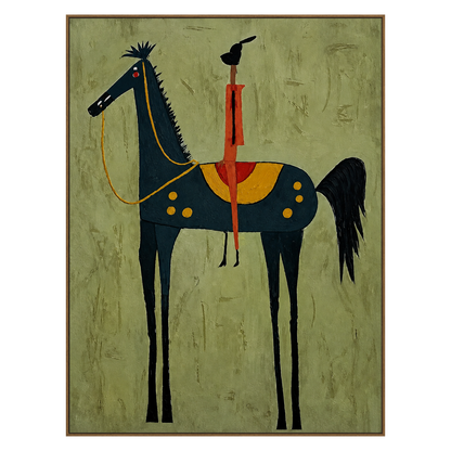 Midnight Horseman vertical artwork in a natural wood frame on a transparent background.