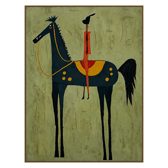 Midnight Horseman vertical artwork in a natural wood frame on a transparent background.