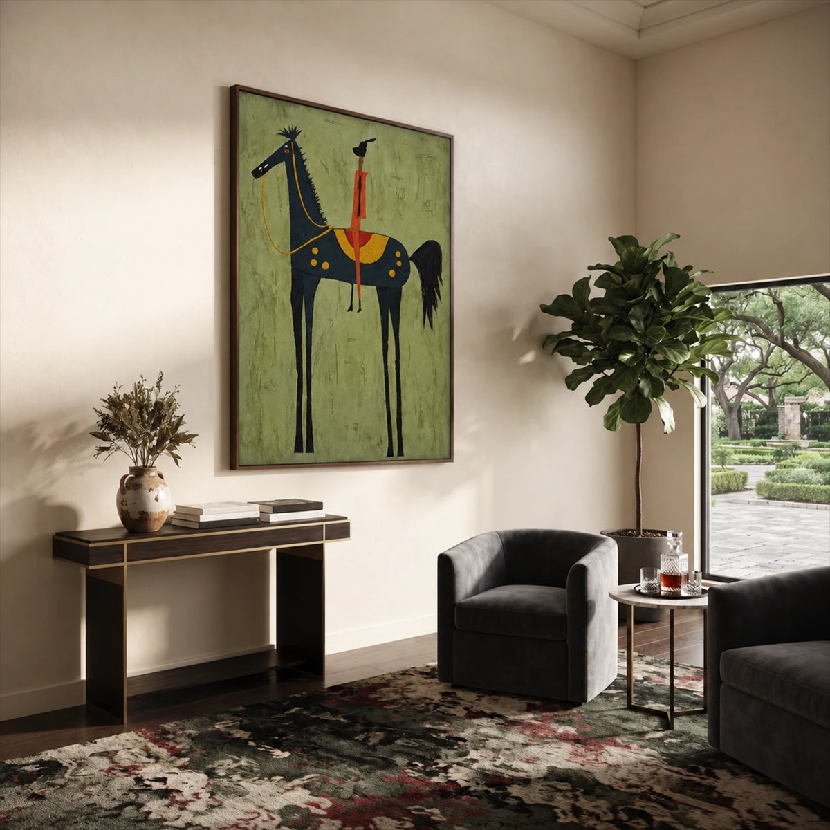 Midnight Horseman artwork displayed in a furnished interior, room setting 1.