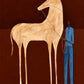 A pale horse and a standing blue figure meet against a deep crimson ground. Full artwork without a frame.