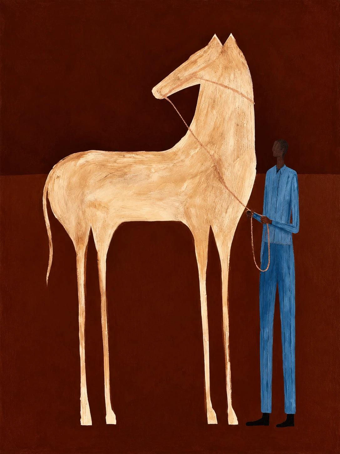 A pale horse and a standing blue figure meet against a deep crimson ground. Full artwork without a frame.