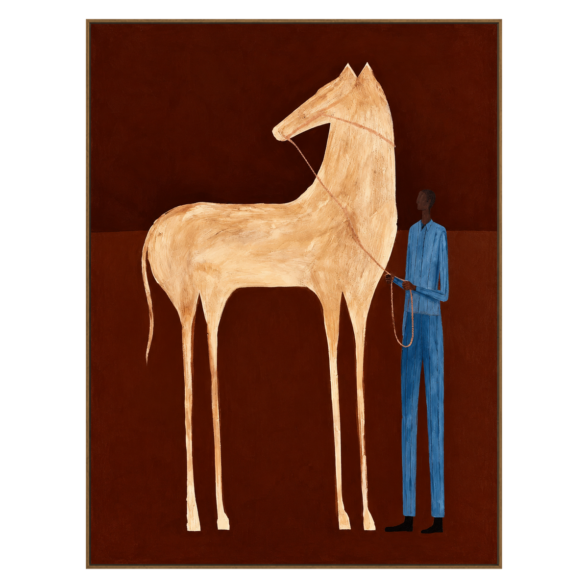 Crimson Companion vertical artwork in a natural wood frame on a transparent background.