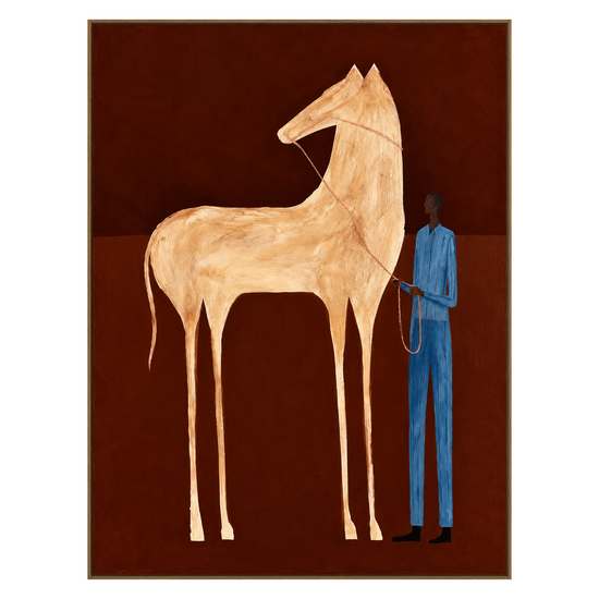 Crimson Companion vertical artwork in a natural wood frame on a transparent background.