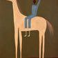 A blue rider raises one arm from the back of a pale peach horse, set against a layered field of olive, charcoal and burgundy. Full artwork without a frame.