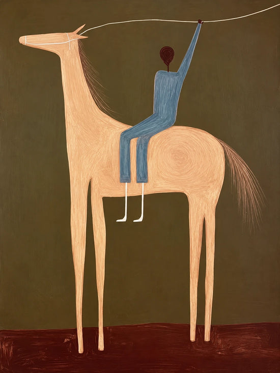 A blue rider raises one arm from the back of a pale peach horse, set against a layered field of olive, charcoal and burgundy. Full artwork without a frame.