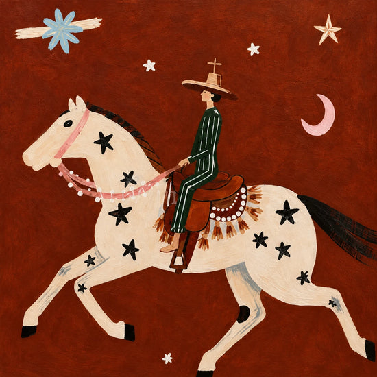 A green-clad vaquero rides a white spotted horse across a glowing rust-red field. Full artwork without a frame.