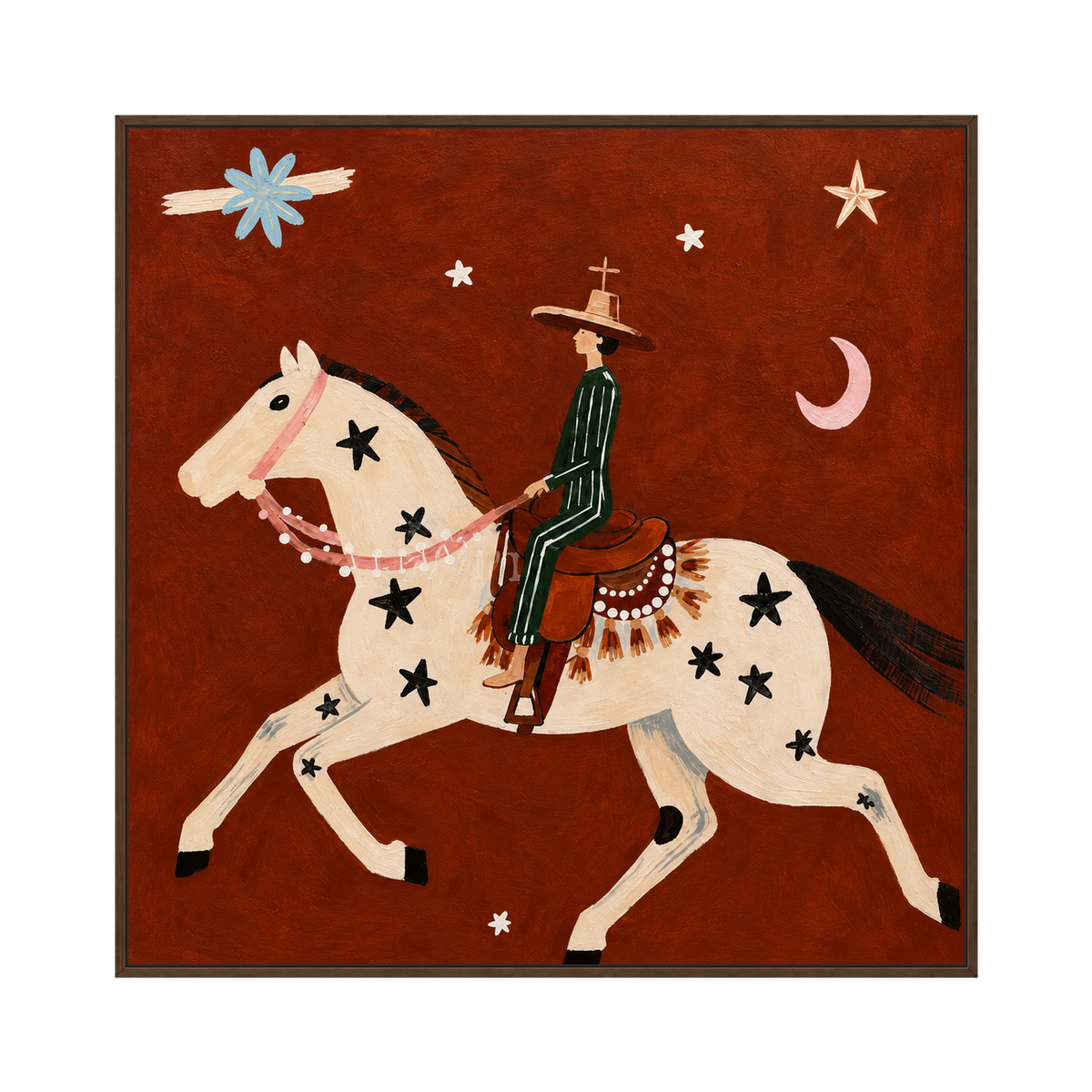 Starlit Vaquero square artwork in a brown wood frame on a transparent background.