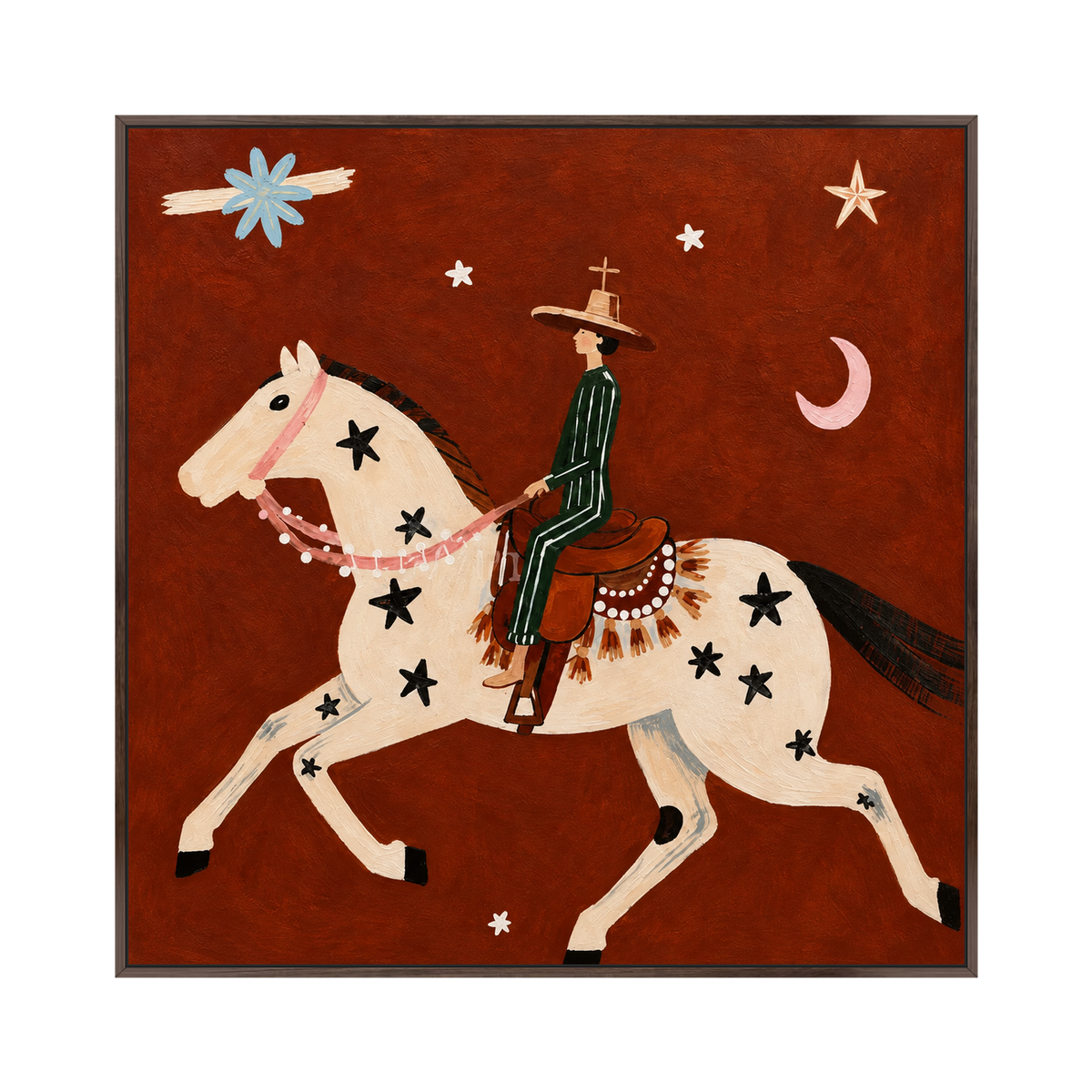 Starlit Vaquero square artwork in a dark brown wood frame on a transparent background.