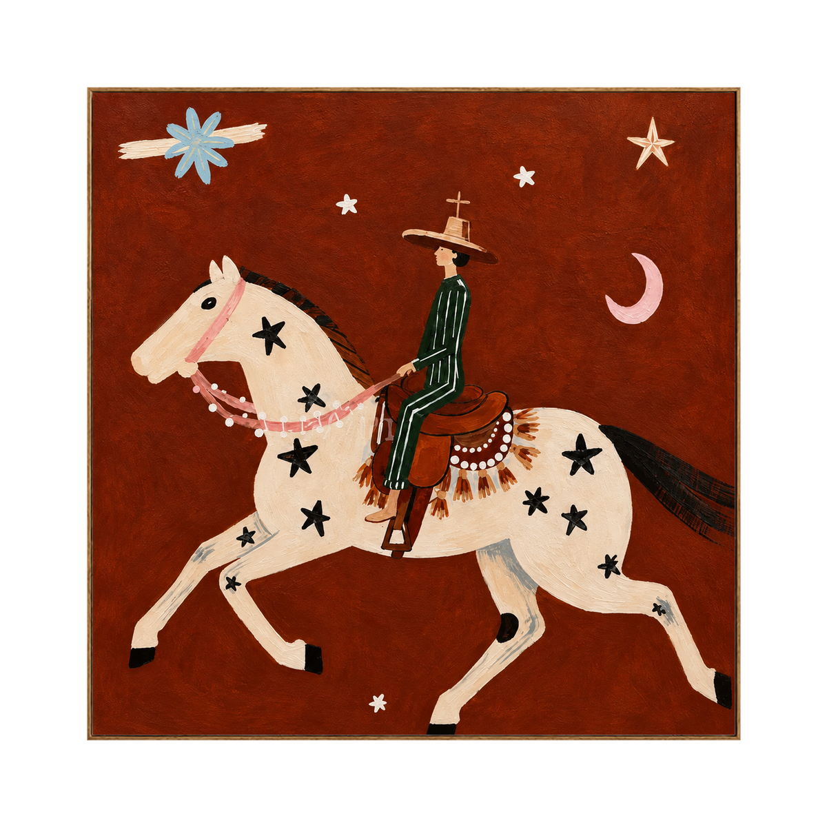 Starlit Vaquero square artwork in a natural wood frame on a transparent background.