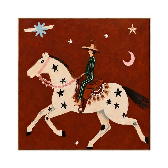 Starlit Vaquero square artwork in a natural wood frame on a transparent background.