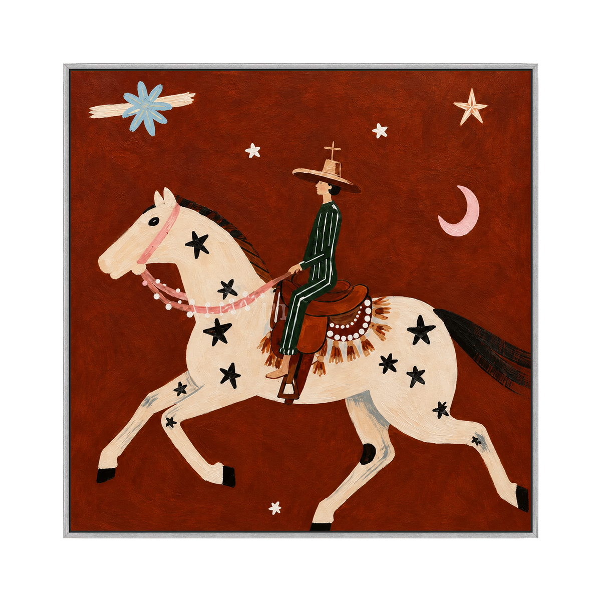 Starlit Vaquero square artwork in a silver frame on a transparent background.