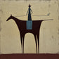 A small blue rider holds a long standard above a dark, geometric horse on a softly aged ivory ground. Full artwork without a frame.