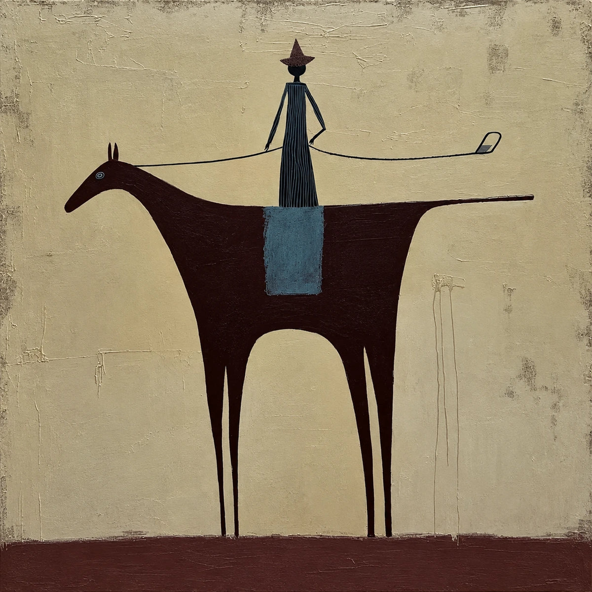 A small blue rider holds a long standard above a dark, geometric horse on a softly aged ivory ground. Full artwork without a frame.