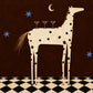 A white spotted horse stands beneath a crescent moon and scattered stars on a deep brown sky. Full artwork without a frame.
