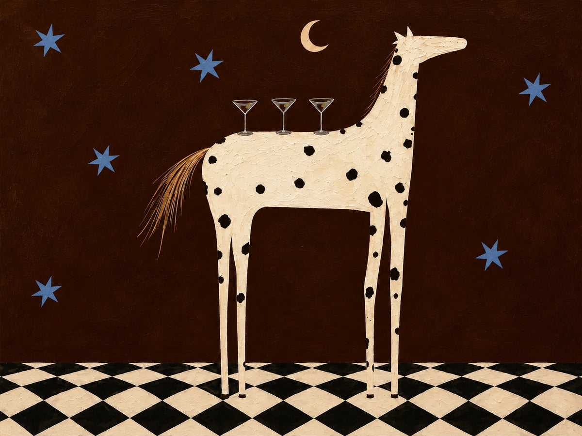 A white spotted horse stands beneath a crescent moon and scattered stars on a deep brown sky. Full artwork without a frame.