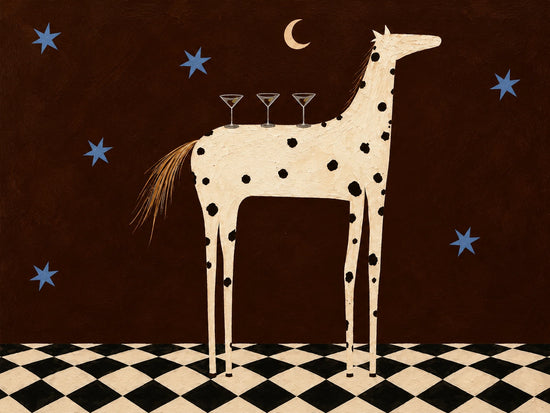 A white spotted horse stands beneath a crescent moon and scattered stars on a deep brown sky. Full artwork without a frame.