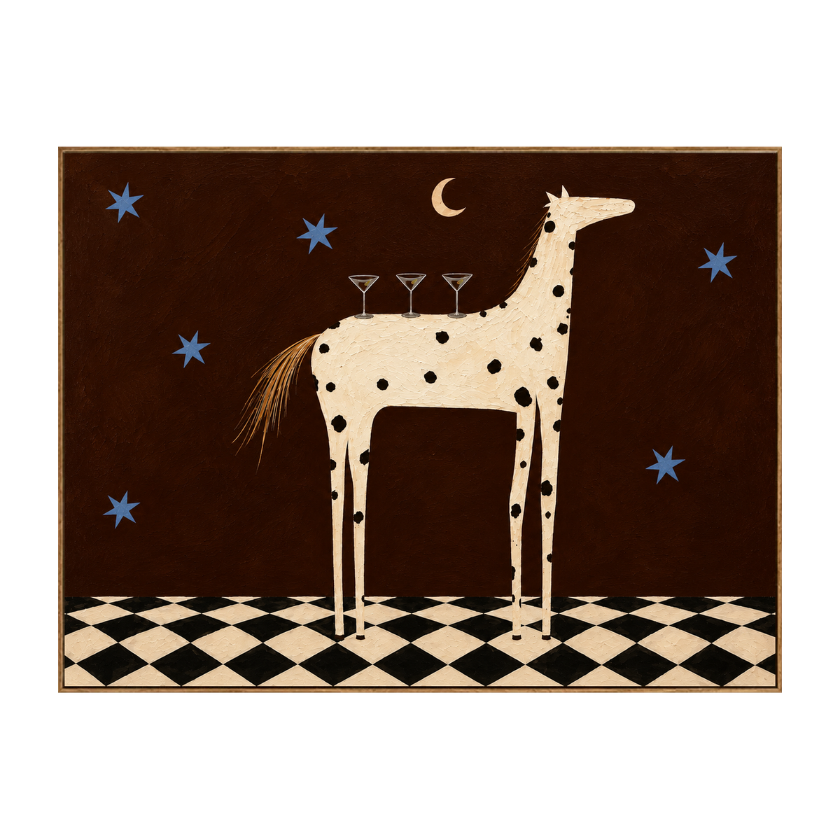 Moonlit Horse horizontal artwork in a natural wood frame on a transparent background.