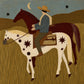 A blue-clad rider travels with two overlapping horses across a golden prairie. Full artwork without a frame.