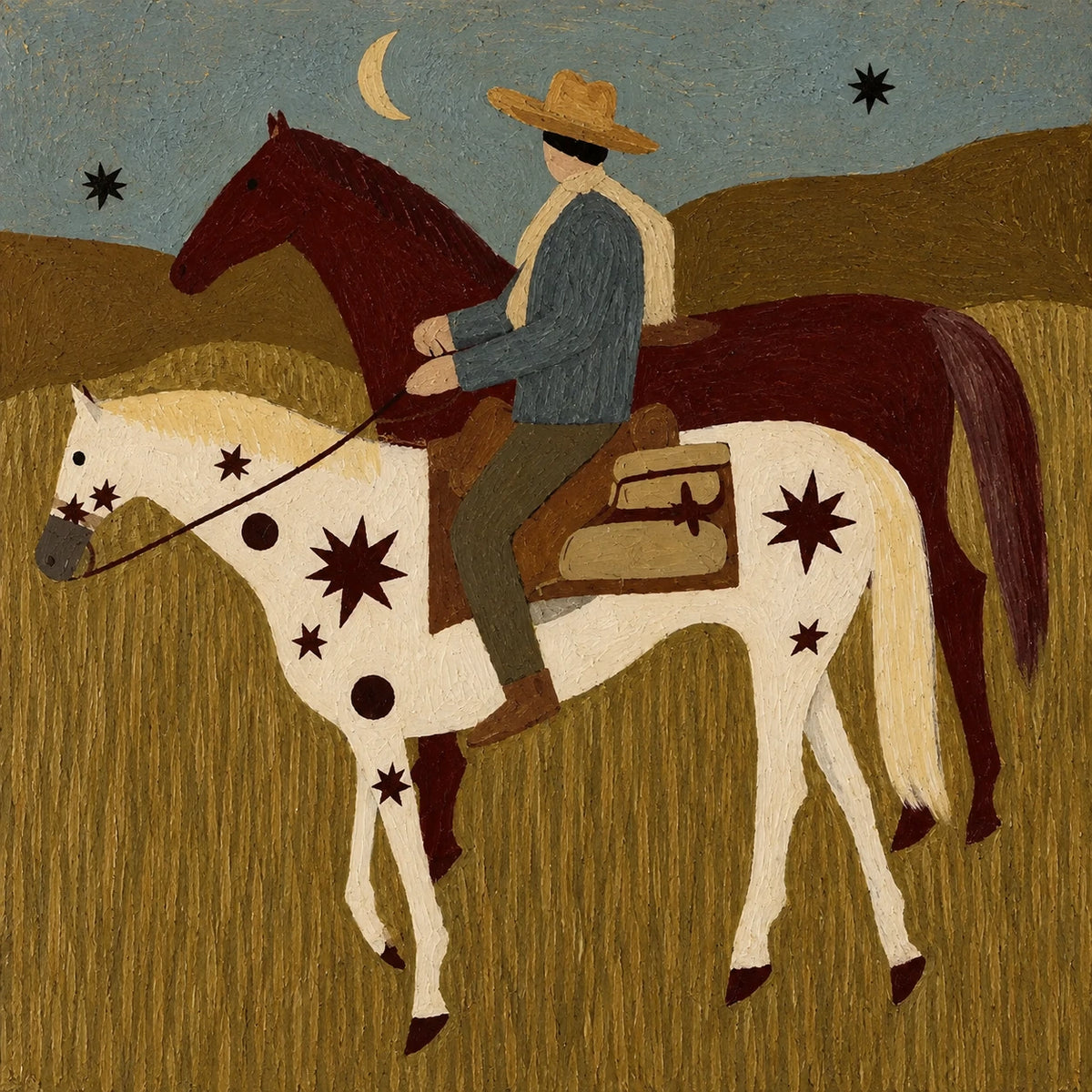 A blue-clad rider travels with two overlapping horses across a golden prairie. Full artwork without a frame.