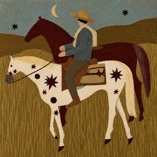 A blue-clad rider travels with two overlapping horses across a golden prairie. Full artwork without a frame.