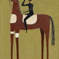 A dark rider lifts a hand from the back of a tall chestnut horse on an olive-green ground. Full artwork without a frame.