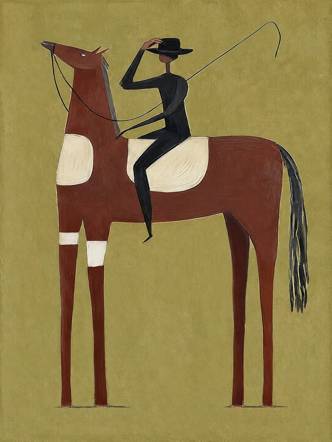 A dark rider lifts a hand from the back of a tall chestnut horse on an olive-green ground. Full artwork without a frame.
