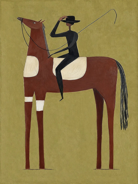 A dark rider lifts a hand from the back of a tall chestnut horse on an olive-green ground. Full artwork without a frame.