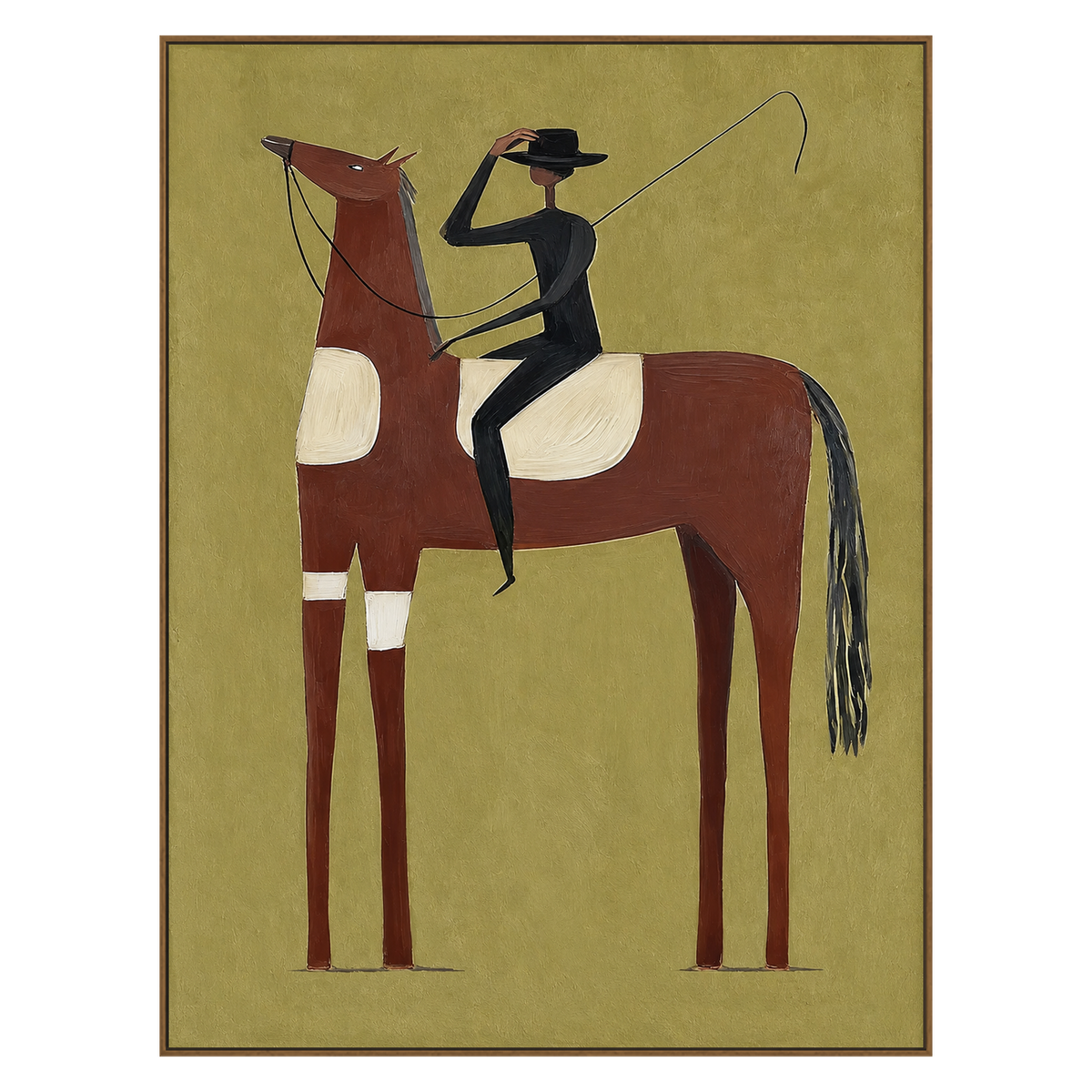 Olive Horseman vertical artwork in a natural wood frame on a transparent background.