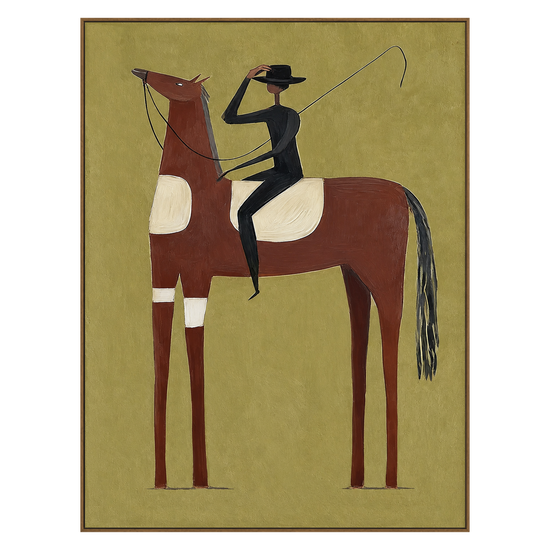 Olive Horseman vertical artwork in a natural wood frame on a transparent background.