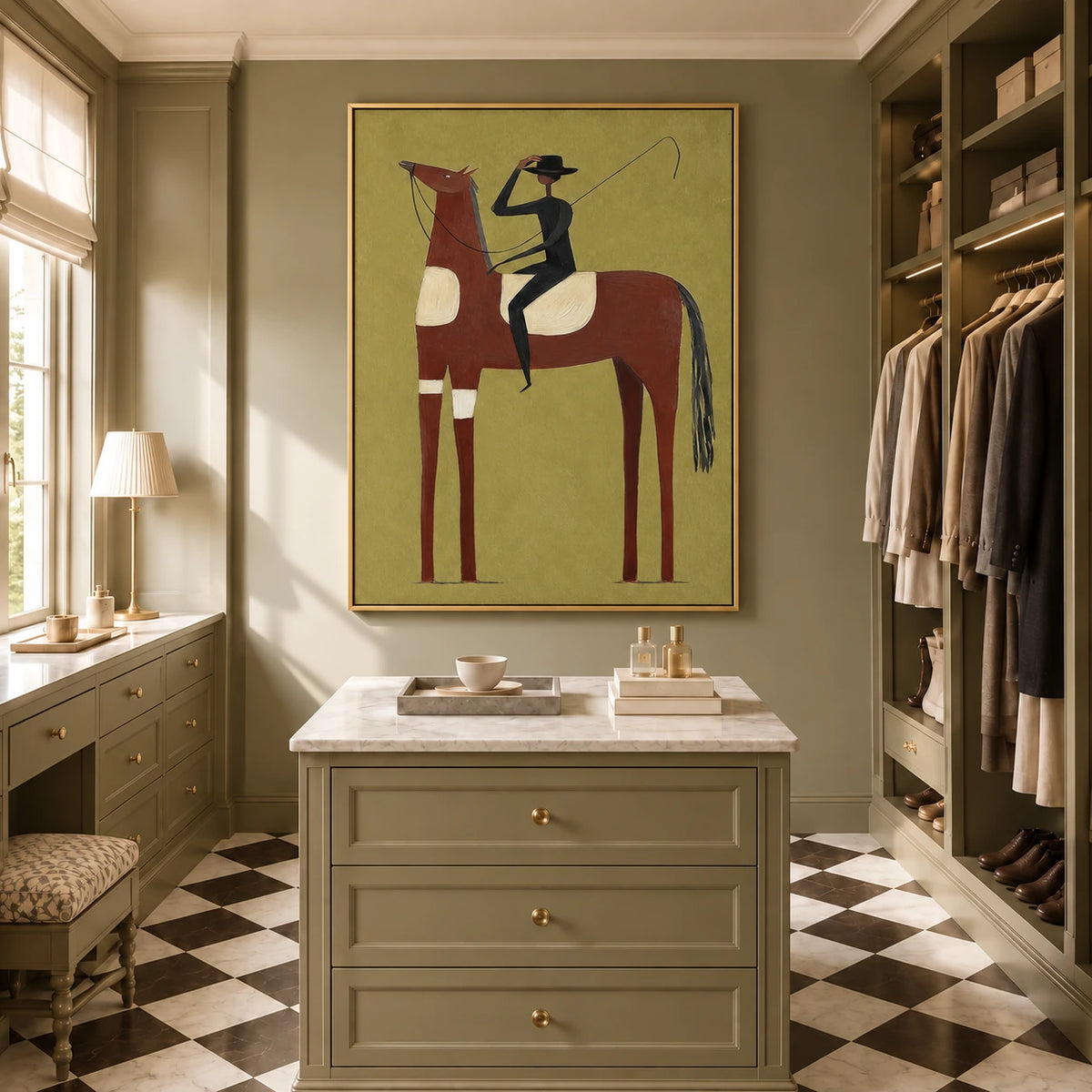Olive Horseman artwork displayed in a furnished interior, room setting 1.