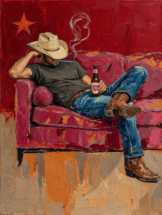 A cowboy settles into a deep crimson armchair, hat tipped low as a thin curl of smoke rises against the red wall. Full artwork without a frame.