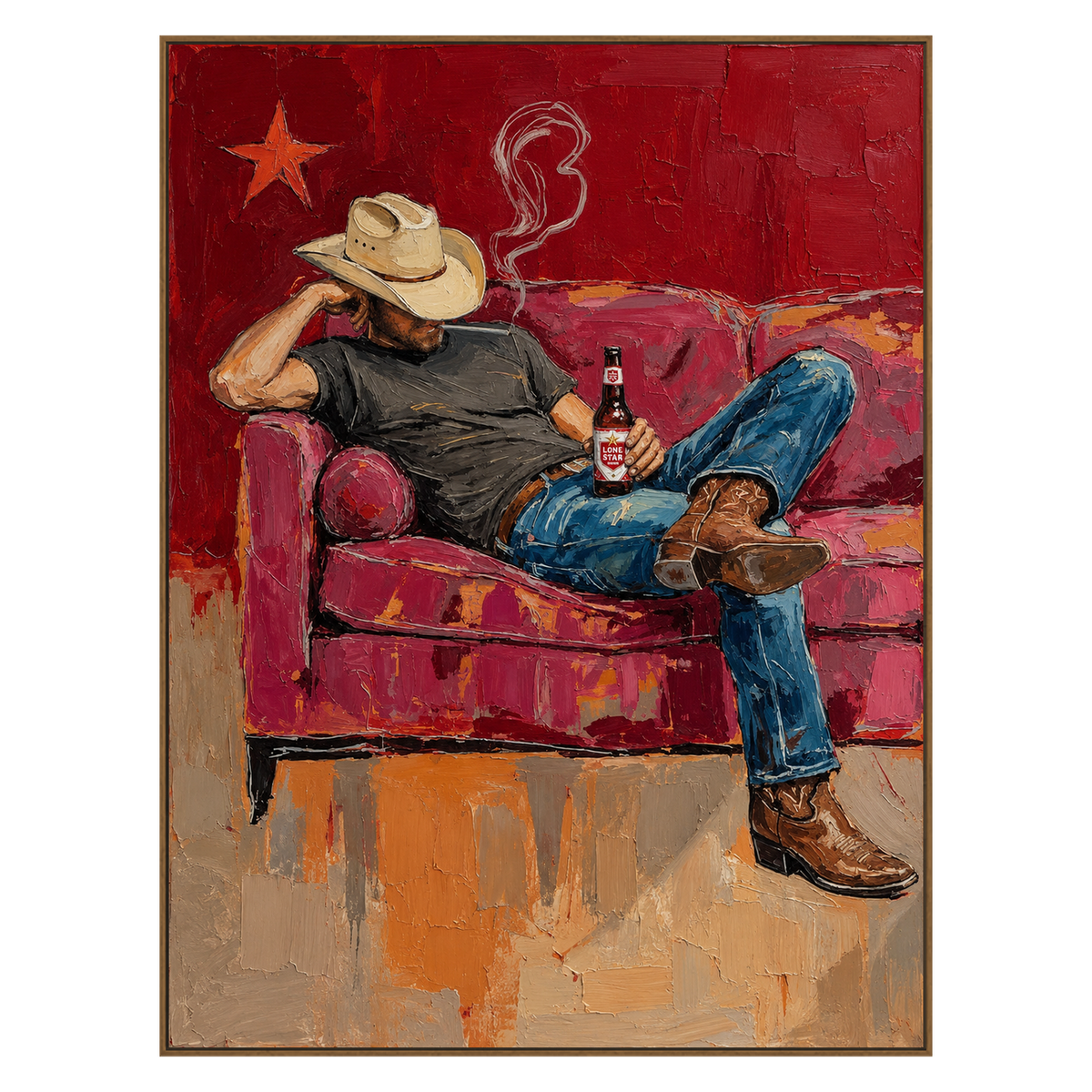 Cowboy Siesta vertical artwork in a natural wood frame on a transparent background.