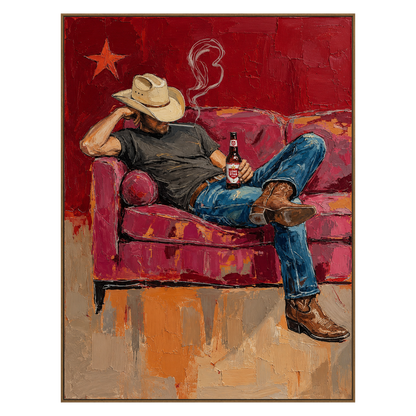 Cowboy Siesta vertical artwork in a natural wood frame on a transparent background.