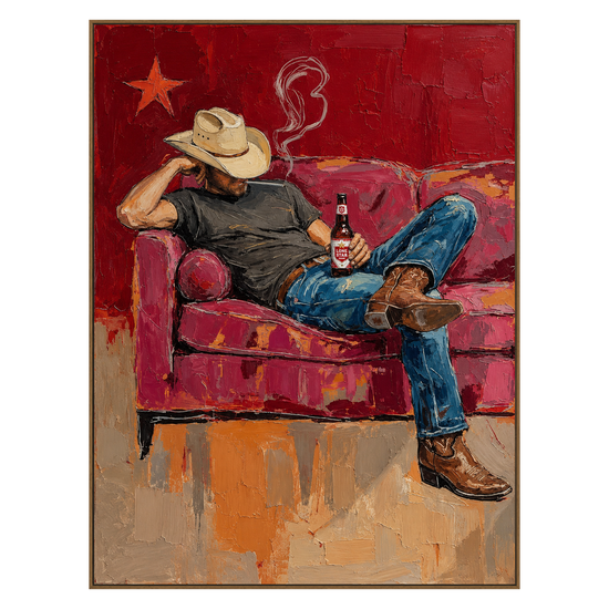 Cowboy Siesta vertical artwork in a natural wood frame on a transparent background.