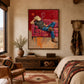 Cowboy Siesta artwork above a wooden console in a warm Western bedroom.