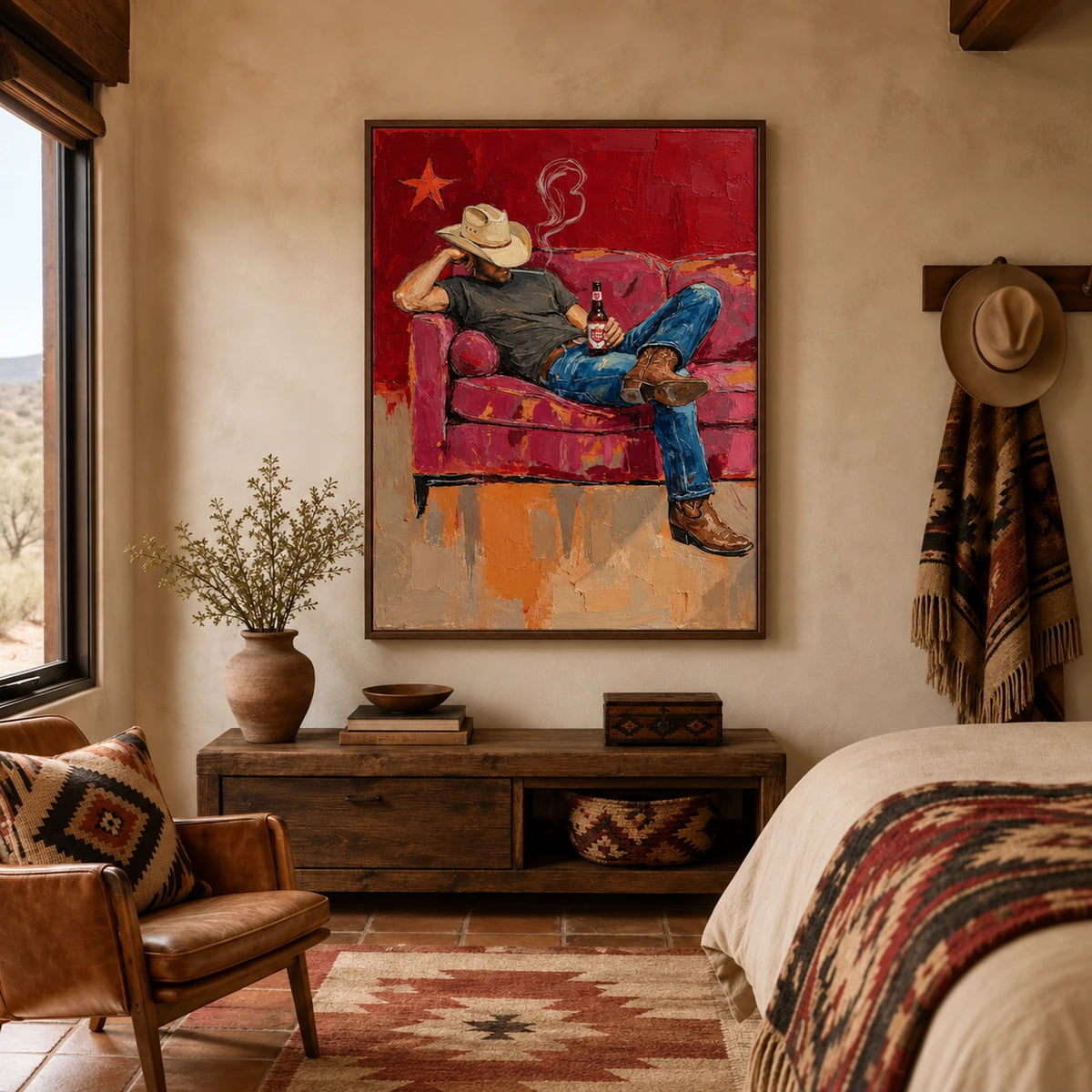 Cowboy Siesta artwork above a wooden console in a warm Western bedroom.