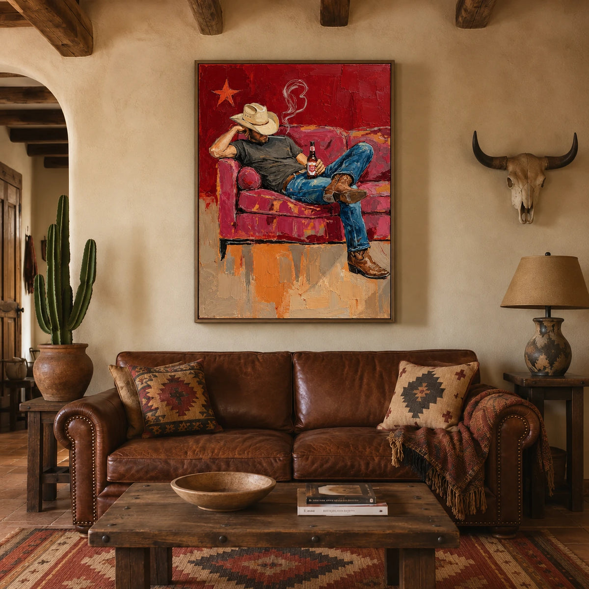 Cowboy Siesta artwork above a leather sofa in an arched Southwestern living room.