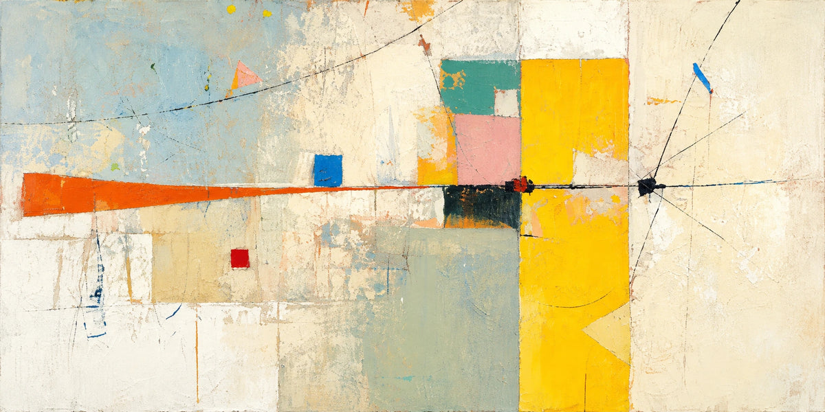 Blocks of citron yellow, pale blue, ivory and muted green balance across a softly weathered field. Full 2:1 artwork without a frame.