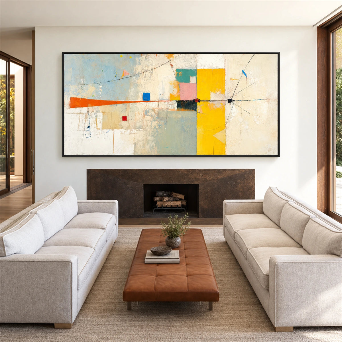 Citrine Balance painting between two cream sofas above a wooden bench.