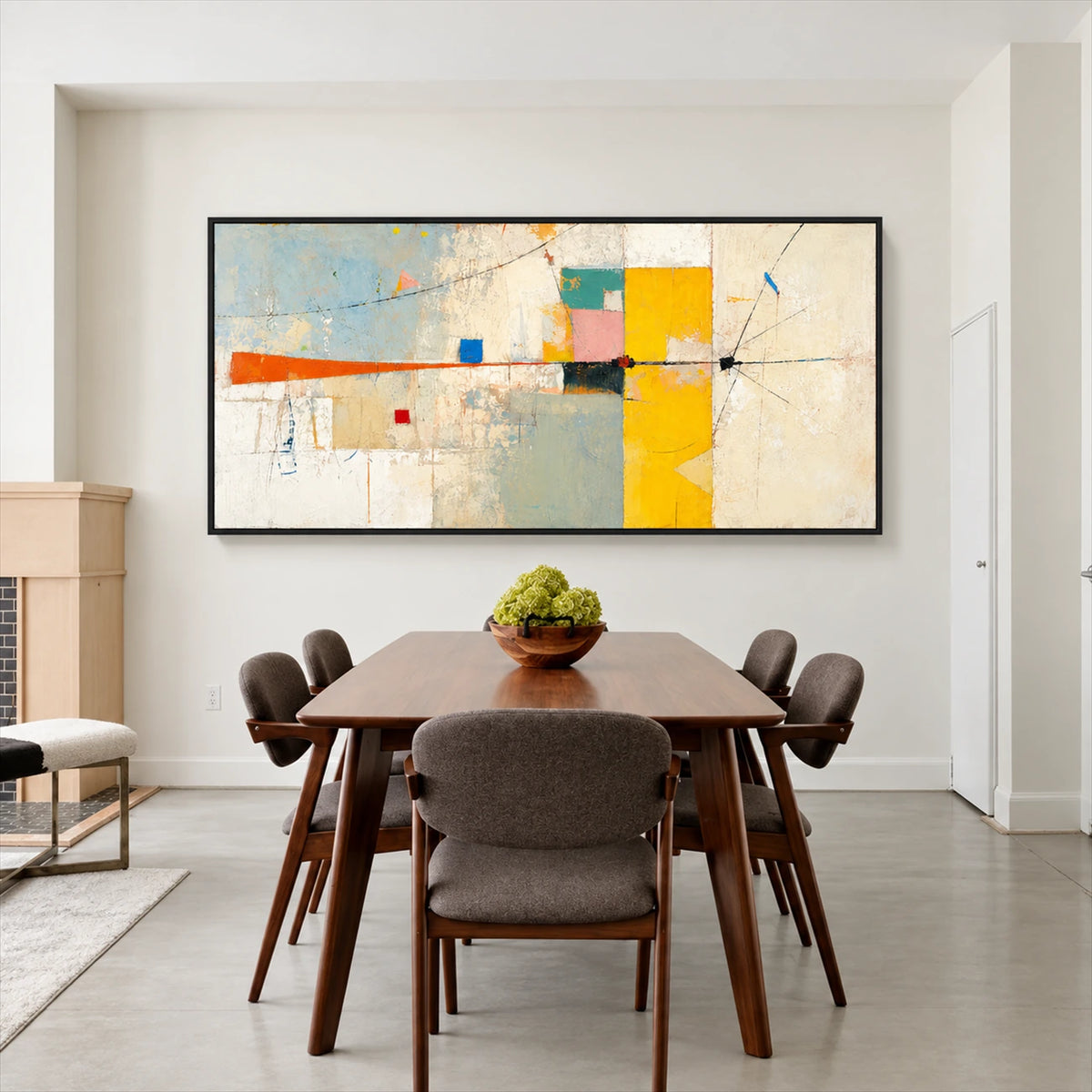 Citrine Balance painting above a dark wood dining table in a bright room.