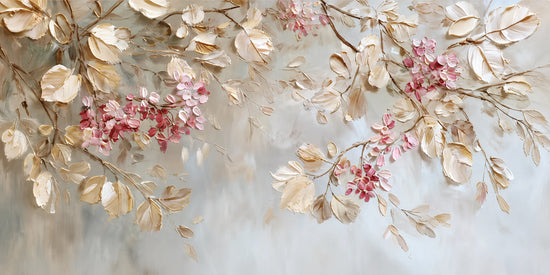 Trailing branches sweep across a misty blue-gray ground, carrying layered ivory leaves and clusters of soft pink blossoms. Full 2:1 artwork without a frame.
